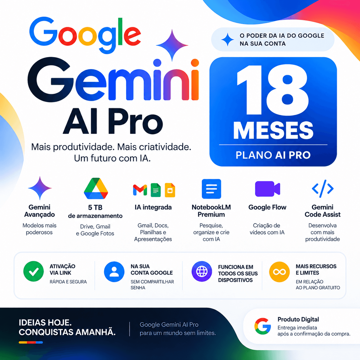 Google AI Pro por 18 meses com 5 TB de armazenamento e acesso aos recursos avançados do Gemini