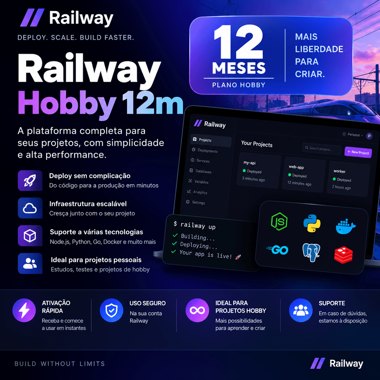 Railway Hobby por 12 meses para hospedagem de projetos, aplicações e APIs na nuvem