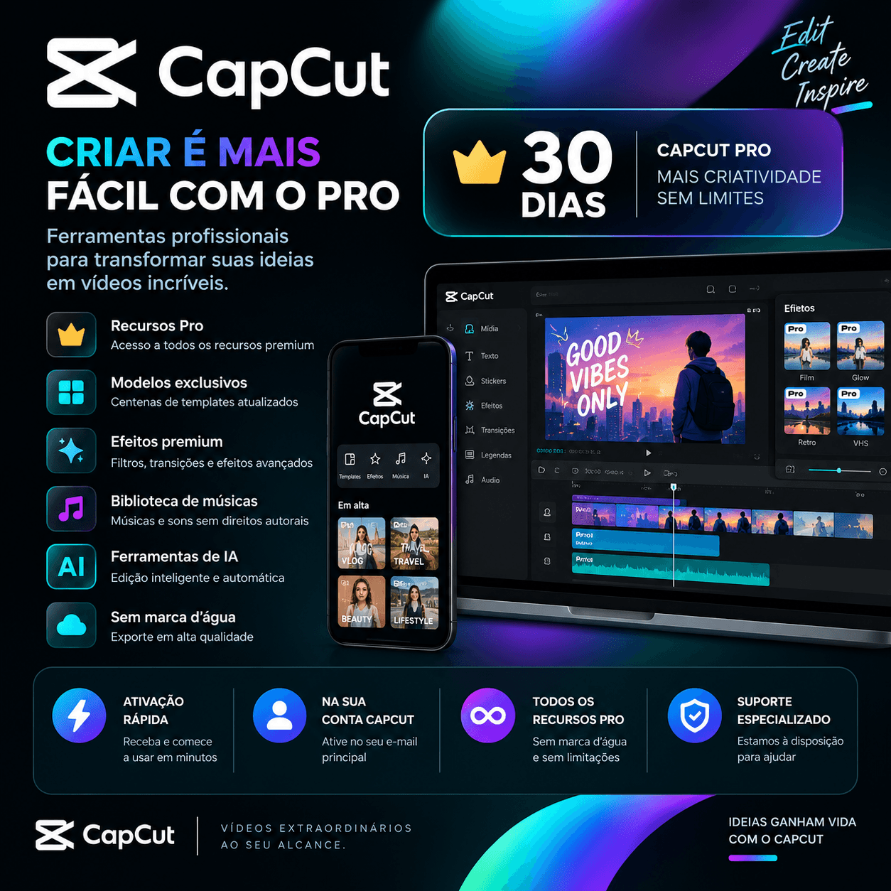 CapCut Pro por 30 dias com recursos premium para edição e criação de vídeos